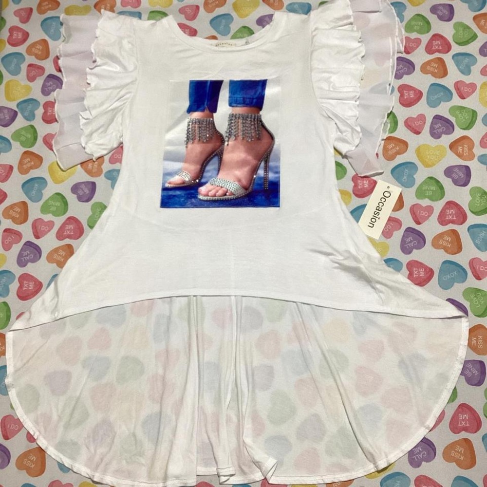 Women’s White T-shirt with Bejeweled High heel 👠 print Ruffled Sleeves Top